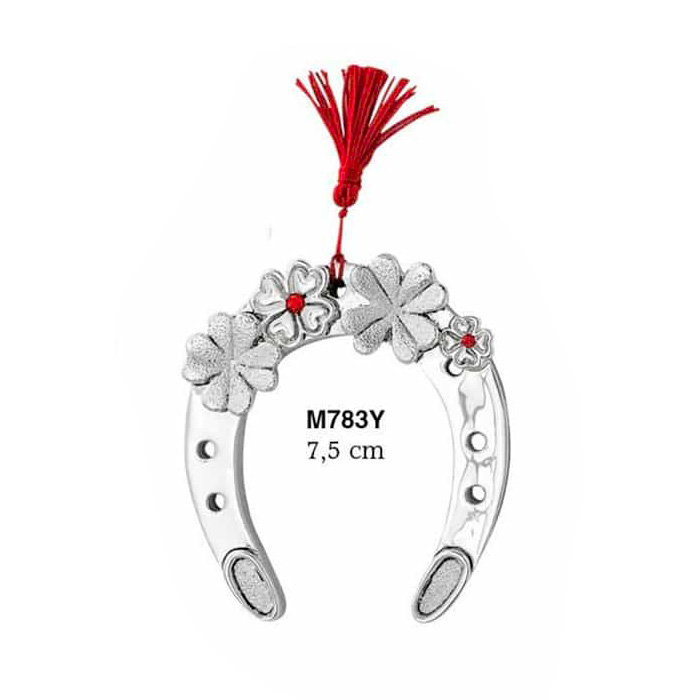 FERRO DI CAVALLO MEDIO C/QUADRIFOGLI STILIZZATI E STRASS ROSSI CM 7,5